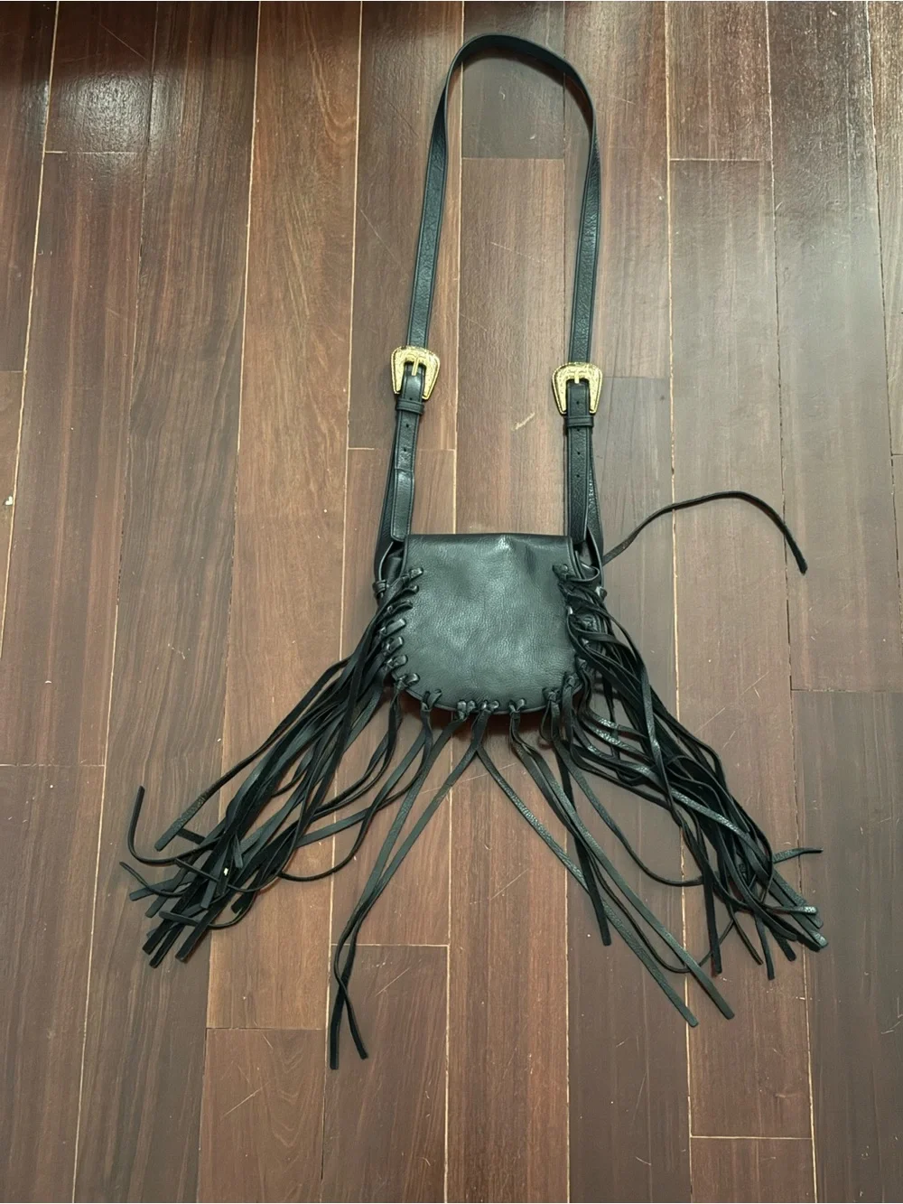 B-low the belt Fringe Crossbody Saddle Bag with Gold Hardware